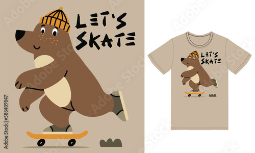 Cute bear playing skateboard illustration with tshirt design premium vector