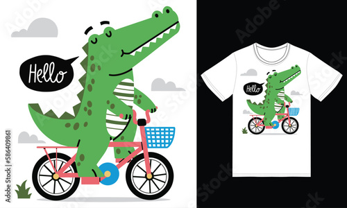 Cute crocodile riding bike illustration with tshirt design premium vector