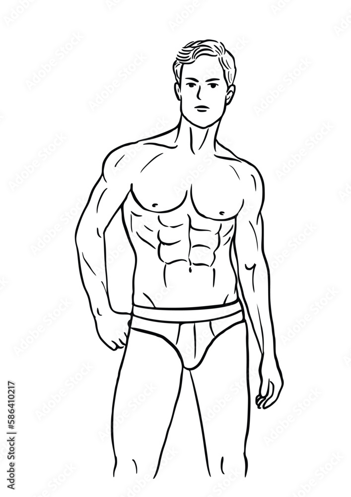 Muscular man in swimming trunks illustration, isolated on white background Muscular man in swimming trunks illustration, isolated on white background