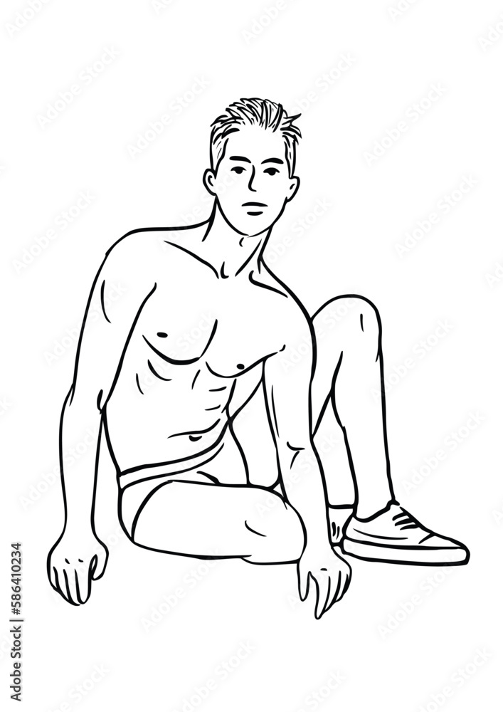 Muscular man in swimming trunks sitting on the floor illustration, isolated on white background Muscular man in swimming trunks sitting on the floor illustration, isolated on white background