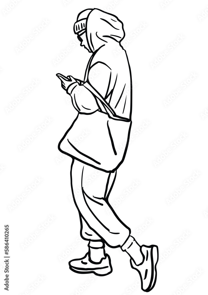 Black and white vector illustration with a young man.
walk and talk on the phone