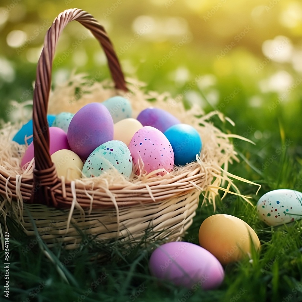 Easter eggs in wicker basket Easter eggs in wicker basket