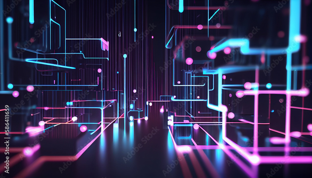 Generative AI, Neon Data Stream: A Glowing 3D Render Abstract Background with Bokeh Lights and Data Transfer Concept Generative AI, Neon Data Stream: A Glowing 3D Render Abstract Background with Bokeh Lights and Data Transfer Concept