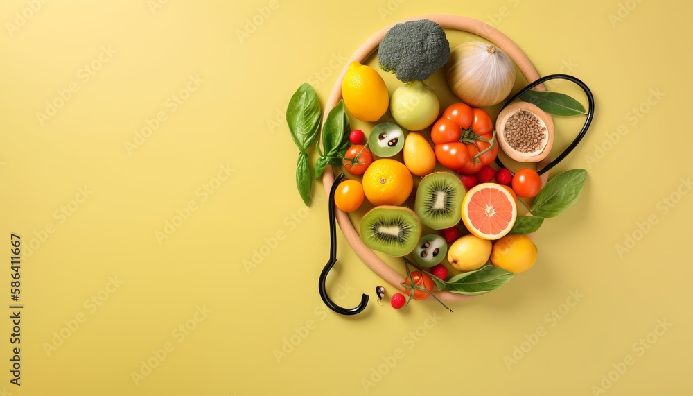 Healthy Eating Habits for a Happy Life, World Health Day Design background with copy space. Generative ai