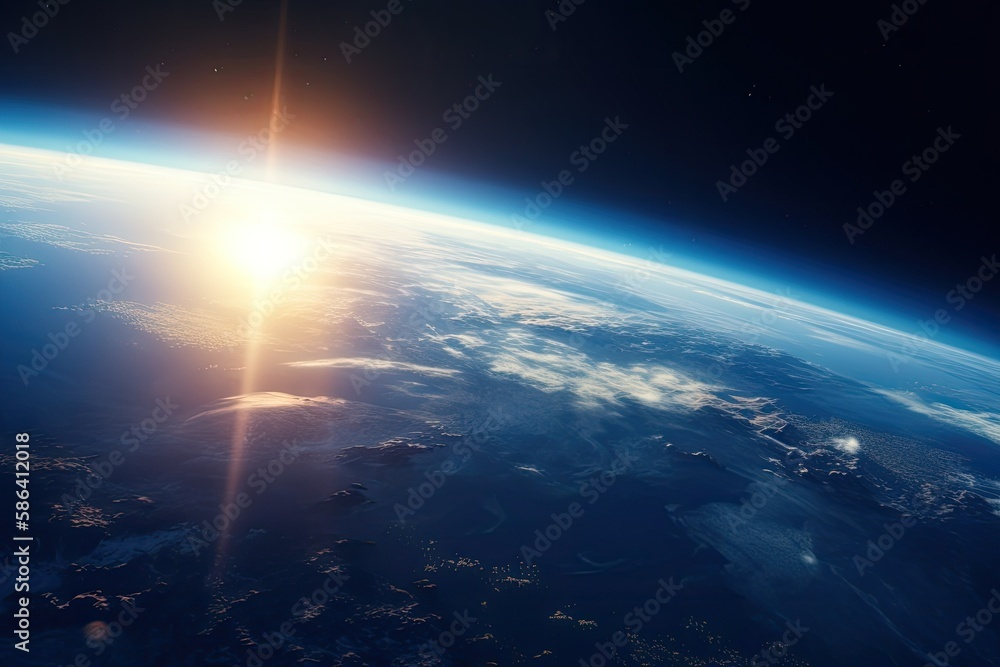 the sun illuminating the blue planet from outer space. Generative AI