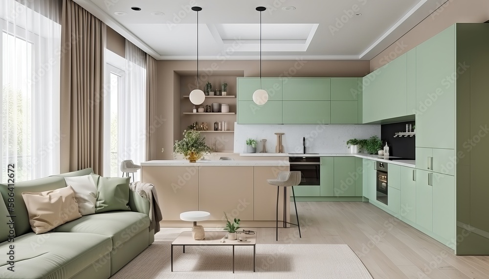 Modern house interior of living room and a kitchen in beige and green colors. Generative ai Modern house interior of living room and a kitchen in beige and green colors. Generative ai