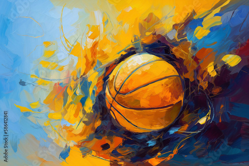 Blue and Yellow Gold Oil Painting Brush Strokes Texture Grunge Graffiti Splatter Basketball Background Room for Copy Generative AI