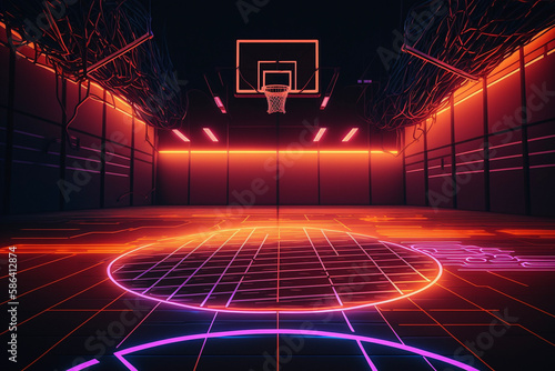 Neon Colorful Basketball Court Generative AI photo