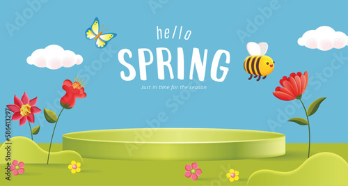 Spring day banner background with flower, bee, butterfly and text design on podium display 