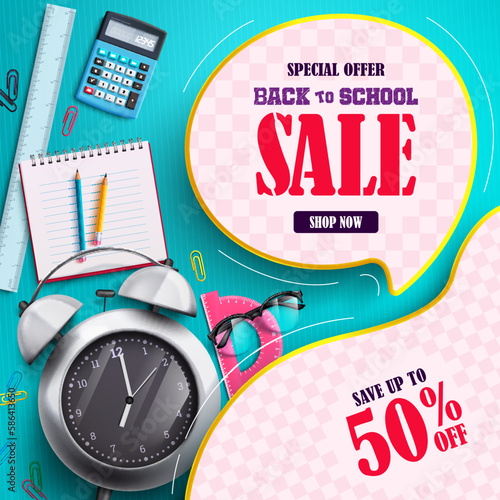 Back to school vector sale. Back to school sale text in speech bubble element with special offer save up to 50% off educational discount. Vector illustration back to school sale design.  
