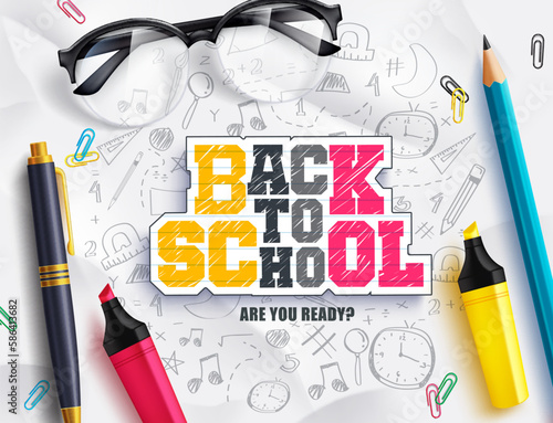 Back to school vector background. Back to school text in doddle background with student supplies element. Vector illustration education background.
