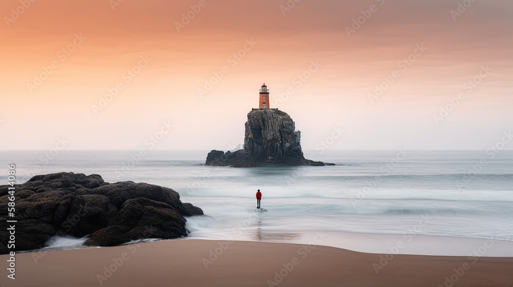 Abstract surreal ocean landscape with a lighthouse. Home on an island. Coastal horizon.