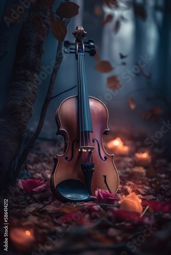 A magically hovering violin with falling rose petals in a romantic setting. Generative AI. 
