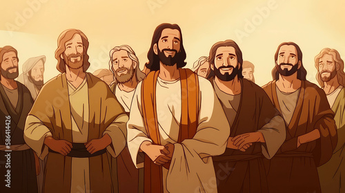 Obraz na plátně Jesus and a group of apostles cartoon background