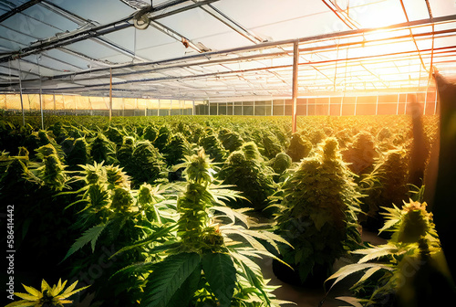 Growing cannabis Agriculture. Cannabis ruderal plants in the science lab for making medicine and herb products in landscape banner.Generative AI. photo