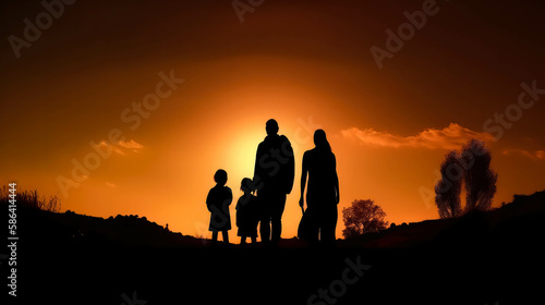 Happy family  mother father and child daughter and son on nature on sunset.silhouette back view of family. Generative AI.