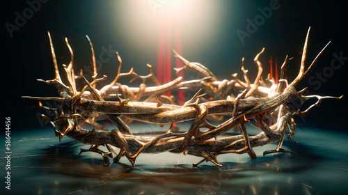 branches of thorns woven into a crown depicting the crucifixion casting a shadow of a royal crown on a dark background. generative ai