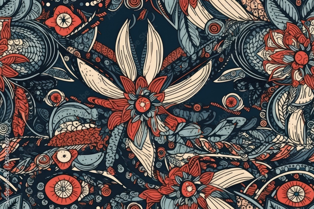 Naklejka premium blue background with red and white flowers. Generative AI