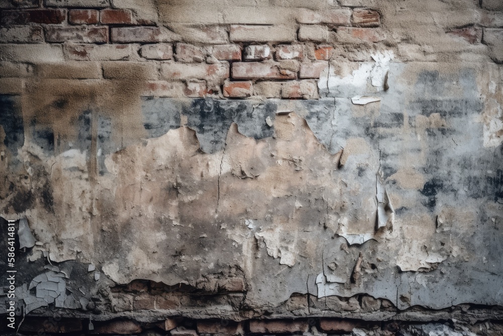 Fototapeta premium worn brick wall with peeling paint. Generative AI
