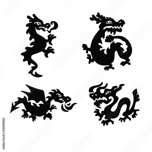 Symbol of the year dragon, monster, black silhouette and vector illustration