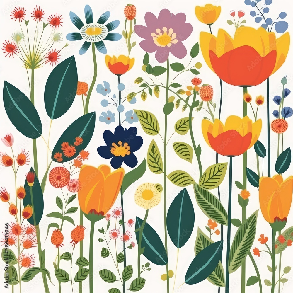 A bright, cheerful, and pretty floral illustration on white background. Generative AI. 