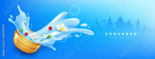 Songkran Thailand, flowers in a water bowl water splashing, thailand architecture tourism silhouette, on blue background, EPS 10 vector illustration
