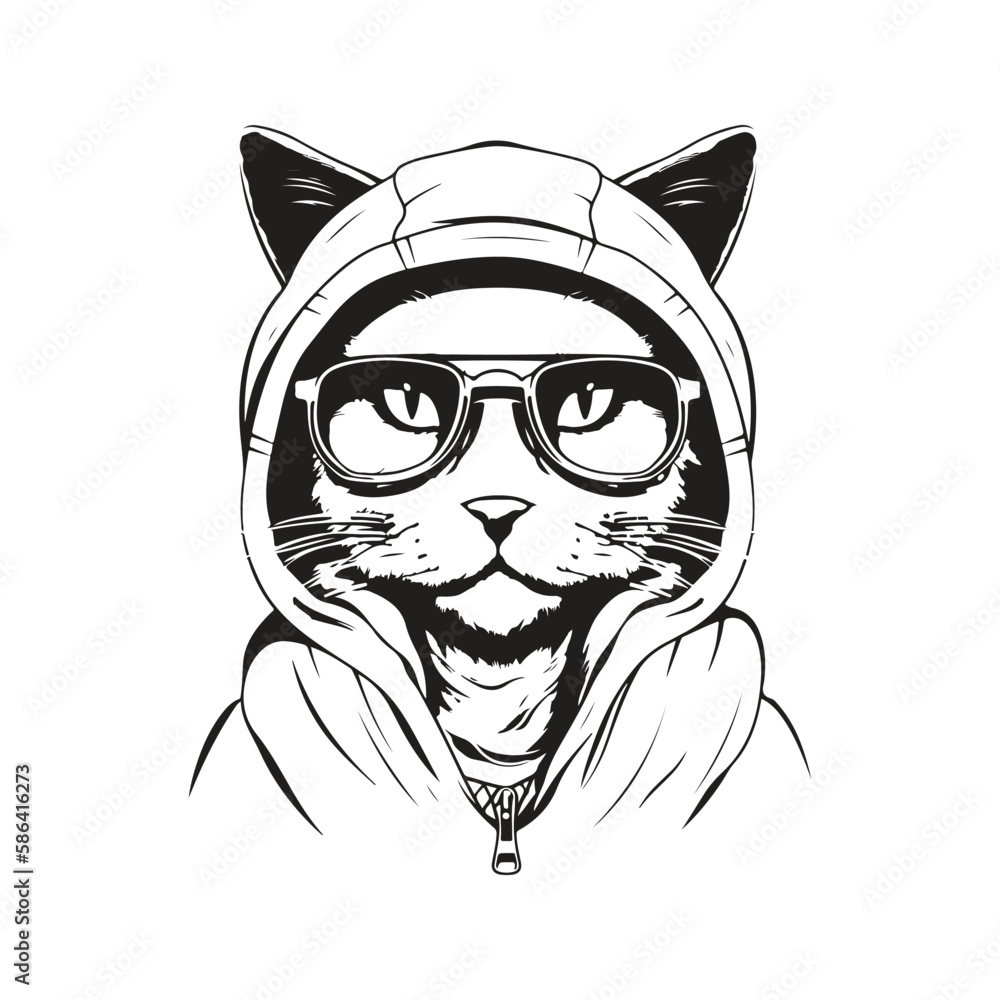 cool cat wearing eyeglasses and hoodie, vector concept digital art, hand drawn illustration