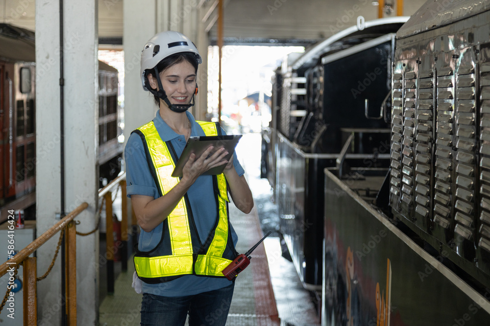 Fototapeta premium Portrait of Engineer train Inspect the train's diesel engine, railway track in depot of train