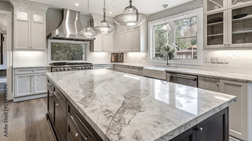 Marble kitchen countertop with copy space over bright elegance kitchen Generative AI photo