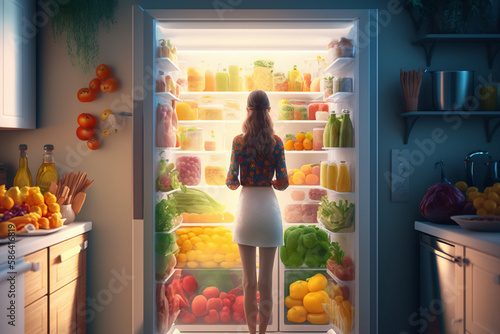 Woman opens fridge door, looks inside and takes out vegetables. Generative AI.