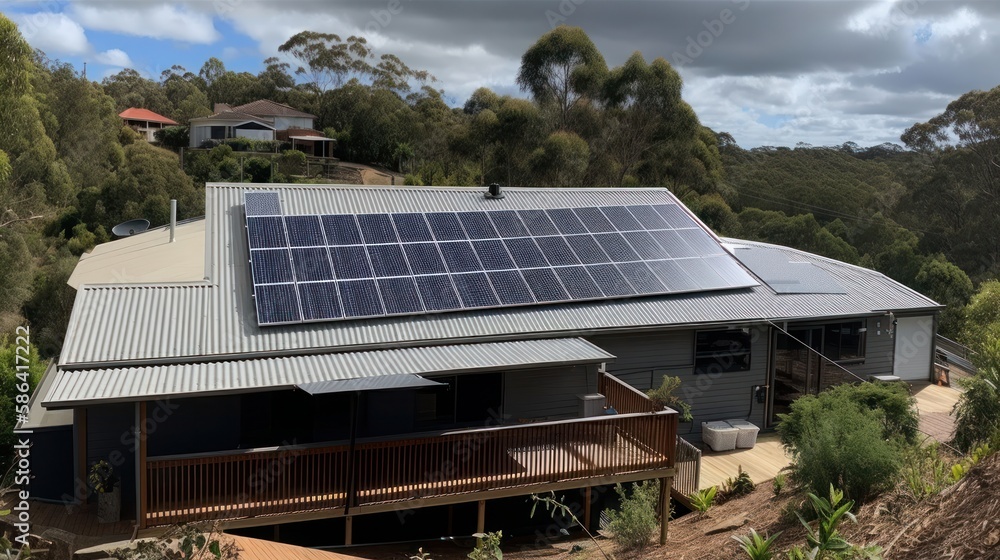 Solar Panels on a house roof in Australia - Renewable Energy -  Generative AI Illustration