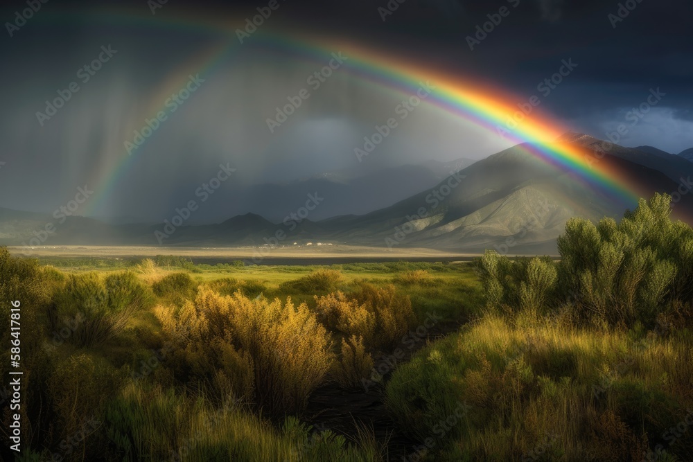 vibrant rainbow arching over majestic mountains. Generative AI vibrant rainbow arching over majestic mountains. Generative AI