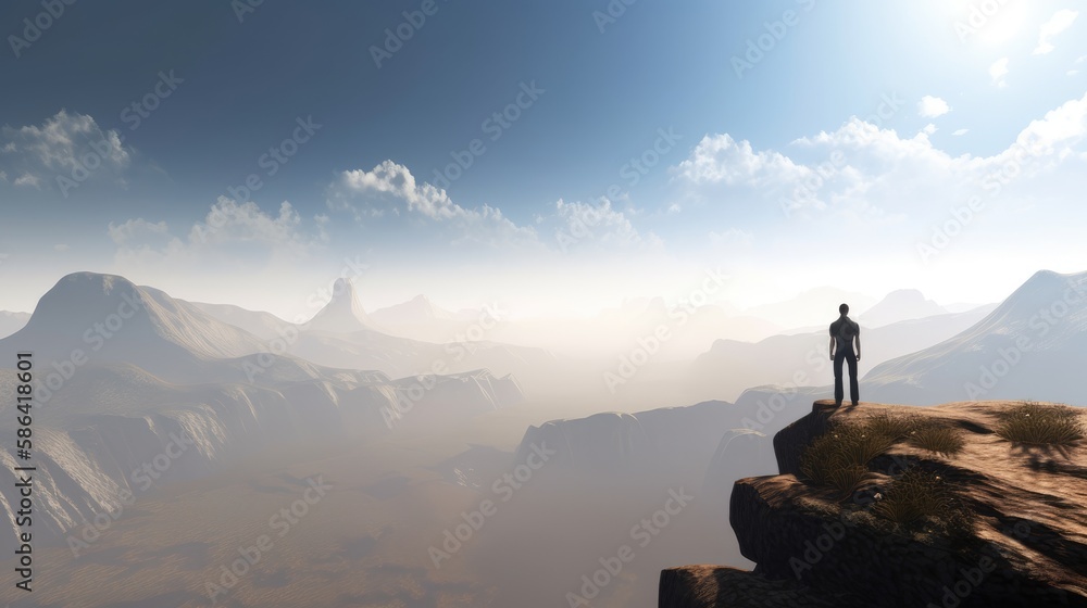 man standing on top of a mountain with a backpack on his back standing at the edge of a cliff looking at the magnificent view. Generative AI