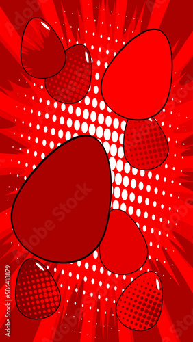 Comic Book Easter background with red eggs and background. Comics abstract holiday backdrop. Retro pop art style poster.