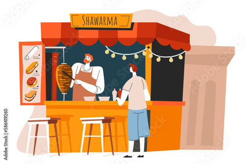 Street food, shawerma stall with seller and client