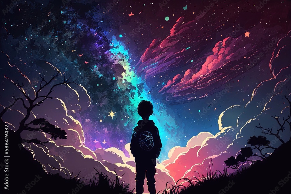 boy looking for a colorful galaxy in the sky. Generative Ai	
