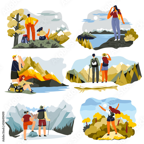 People traveling and hiking in mountains vector