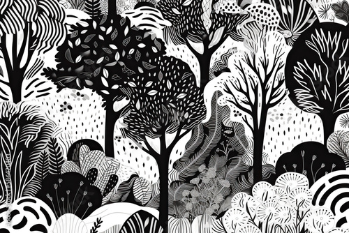 Wallpaper forest desert, black and white color, decoration, plants, sky, illustration, generative AI.