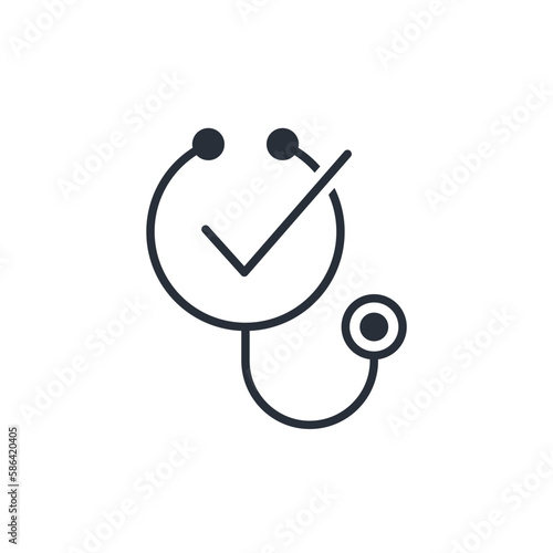 Medical equipment and check mark. Medical recommendation, confirmation. Vector linear icon isolated on white background.