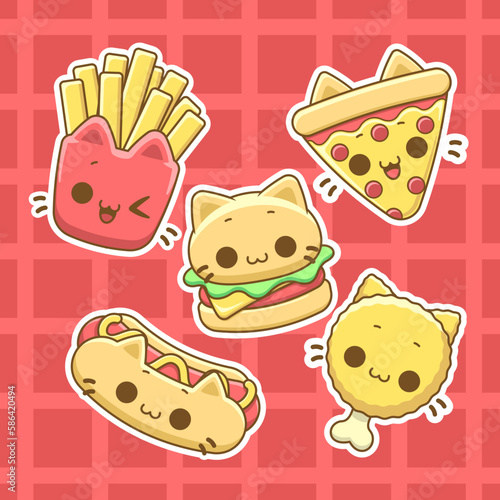 Set de comida rapida, pack de comida rápida kawaii, comida rapida en forma de gato, hamburguesa, pizza, pollo frito, hot dog, papas fritas, vector, ilustración