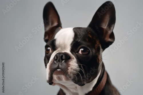 Portrait of a Boston terrier isolated on white backdrop. Generative AI Illustration © AI Visual Vault