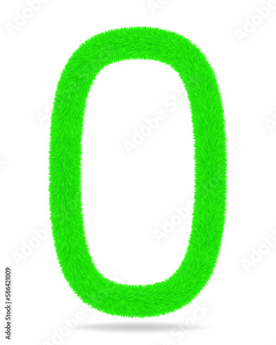 Number 0 in green color cute and furry. White background and shadow.