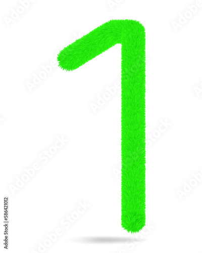Number 1 in green color cute and furry. White background and shadow.
