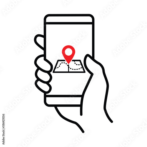 Hand holding Mobile phone and pin locator icon