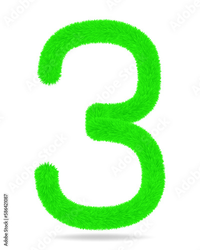Number 3 in green color cute and furry. White background and shadow.