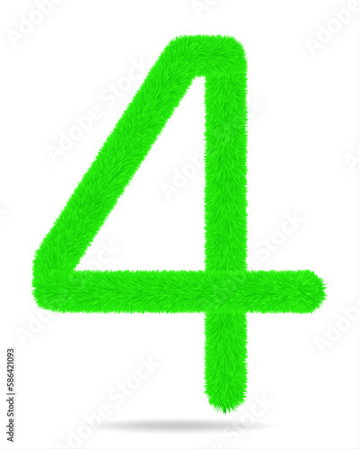 Number 4 in green color cute and furry. White background and shadow.