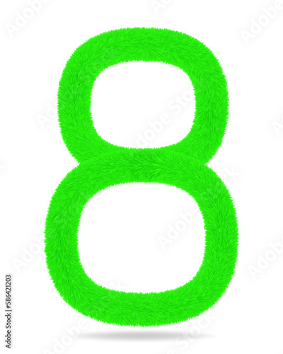 Number 8 in green color cute and furry. White background and shadow.