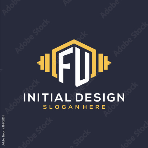 Initial FU logo design for fitness center with creative dumbbell geometric style