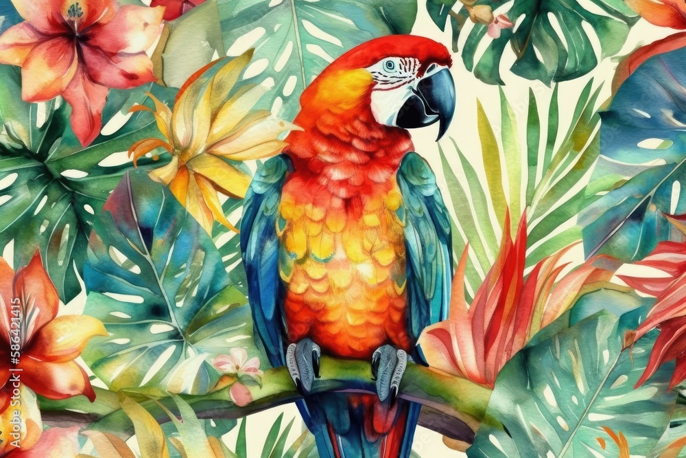 vibrant parrot perched on a tree branch. Generative AI
