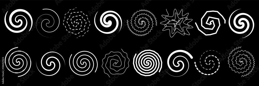 Fototapeta premium Set of abstract twirls and spirals. Vector illustration of lines twisted in circle. Drawing of signs of round swirls and wavy whirls.